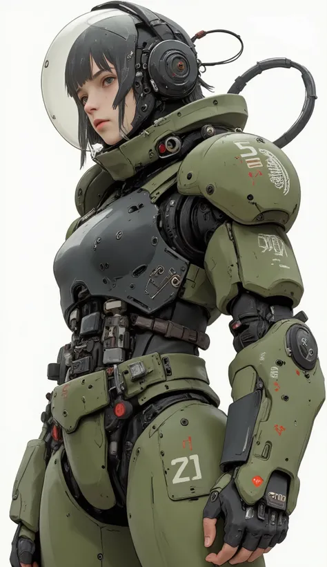 image,、and a highly detailed illustration of a person wearing a futuristic armoured suit or exoskeleton. The suit is olive drab and、on the right arm, battle-trained expression, shows usage and time. a stylized seahorse emblem stands out on the left shoulde...