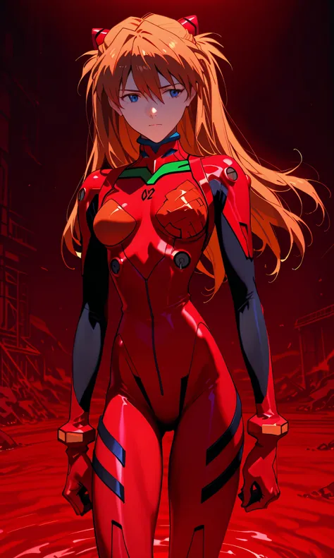 1 Girl, rainbow holographic combat suit,Nano combat suit,mesh combat suit, souryuu_Asuka_Langley, Bodysuit, red_Bodysuit, neon_Genesis_Evangelion, medium breasts, plug suit, Third Impact, Lake of Blood, Ruined City,
ultra detail that will make you look dow...