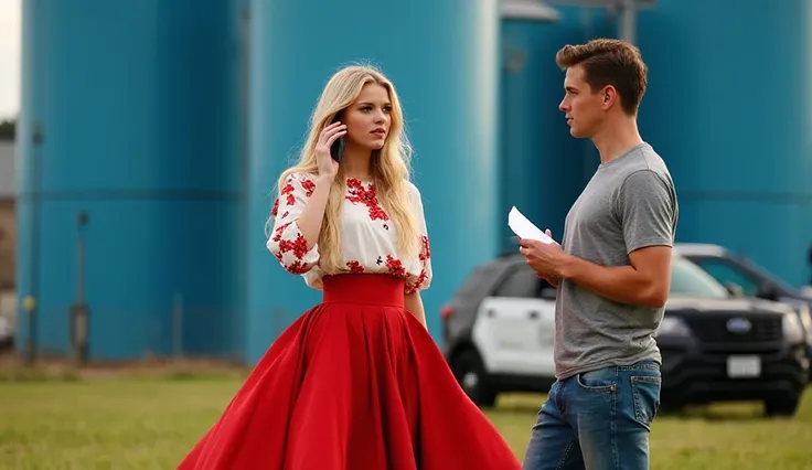 A young white woman with long blonde hair stands outdoors, holding a smartphone to her ear. Her attire is vivid and striking, featuring a white blouse adorned with red floral patterns paired with a high-waisted red skirt that flares out elegantly. The sett...