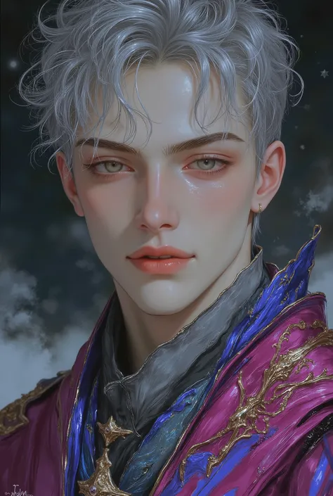 Boy, gray hair, sky colored eyes, white skin, sharp features, handsome, perfect, charming beauty, elegance, wearing elegant winter clothes, bright colors, high quality resolution .