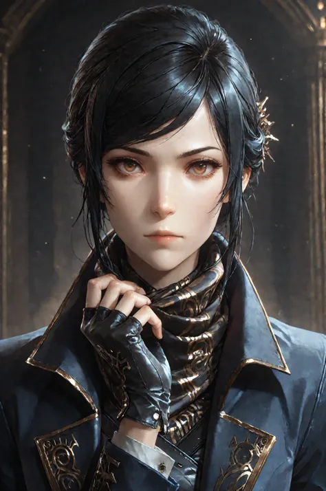 D2_Emily, 1girl, solo, brown eyes, eyesHD, high gradient eyes, detailed eyes, high definition eyes, E_short black hair, E_dark blue long coat, E_gold embroidery, E_asymmetrical coat tail, E_face scarf, purple inner lining, E_leather vest, black gloves,fing...