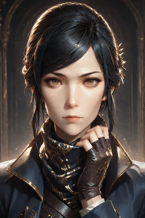 D2_Emily, 1girl, solo, brown eyes, eyesHD, high gradient eyes, detailed eyes, high definition eyes, E_short black hair, E_dark blue long coat, E_gold embroidery, E_asymmetrical coat tail, E_face scarf, purple inner lining, E_leather vest, black gloves,fing...