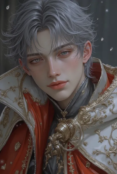 Boy, gray hair, sky colored eyes, white skin, sharp features, handsome, perfect, charming beauty, elegance, wearing elegant winter clothes, bright colors, high quality resolution .