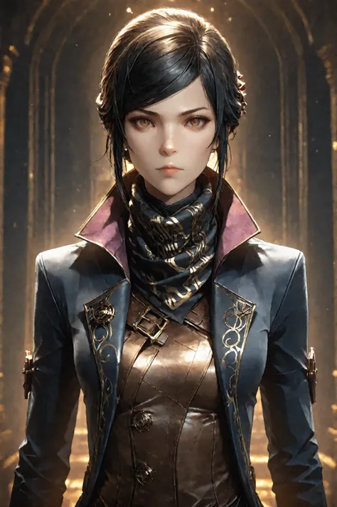 D2_Emily, 1girl, solo, brown eyes, eyesHD, high gradient eyes, detailed eyes, high definition eyes, E_short black hair, E_dark blue long coat, E_gold embroidery, E_asymmetrical coat, E_face scarf, purple inner lining, E_leather vest, black gloves,fingerles...