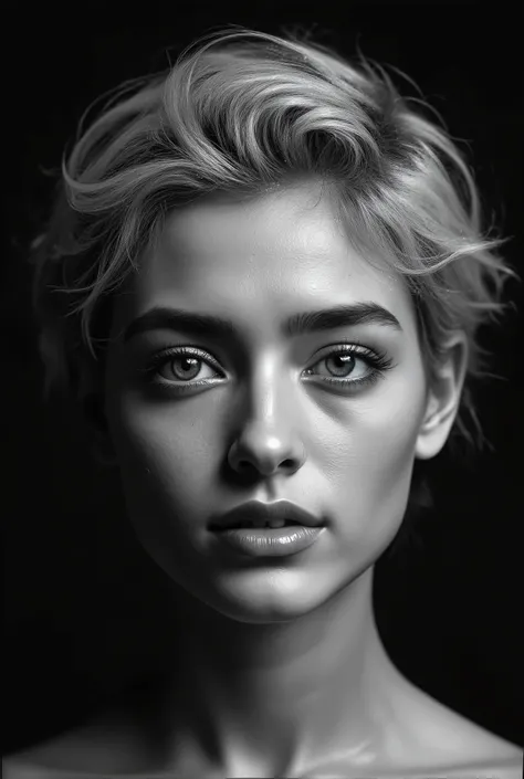 This monochrome digital illustration is an extreme close-up of the face of a female fashion model with short bleach blonde hair. Professional, bold makeup. Crisp studio lighting accentuates the woman's beauty. The art style is clean and detailed, and soft ...