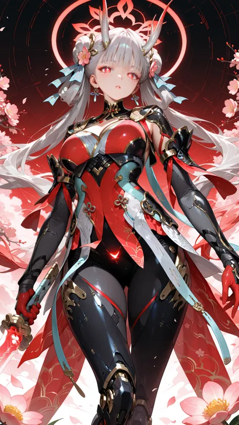 (masterpiece, detailed:1.2), ultra high res,photorealistic,8K UHD,hyper-detailed, newest, cute, woman, solo, 1girl, jinhsi:TaoYaoZhuoZhuo\(wuthering waves\), red eyes, amorous eyes, mole, mole under eye, flower, peach blossom, hair bun, double bun, headgea...