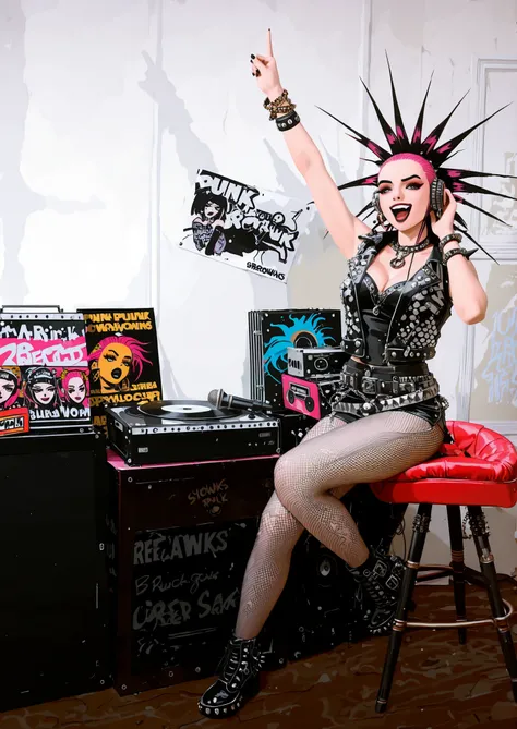 woman in rafa sits on a chair with a microphone and a record, punk party, punk girl, punk woman, headbang, dressed in punk clothes , punk-inspired, wearing a punk outfit, dressed in crust punk clothes , Retro punk , burlesque sycobilly, Punk rock with mo...
