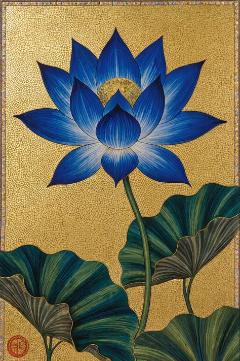 forcus lotus,Royal blue lotus blooming against a golden backdrop, Royal blue lotus flowers and leaves,tranquility,Decor reminiscent of the Middle East,iconic,Buddhist artstyle,a fusion of Western and Japanese beauty,Japan's unique gold leaf techniques and ...