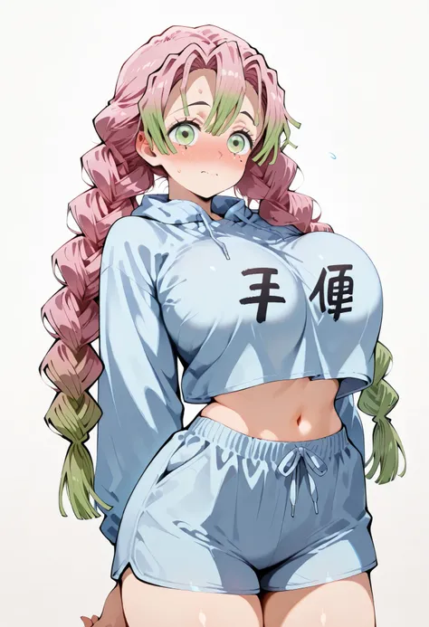 score_9,score_8_up,core_7_up, score_9, kanroji-mitsuri, 1girl, alternate costume, alternate hairstyle,,large breasts,, cowboy shot,, green eyes, green hair,, mole, mole under eye,, pink hair,,, solo,,large breasts stomach,,,,twin braids, multicolored hair,...