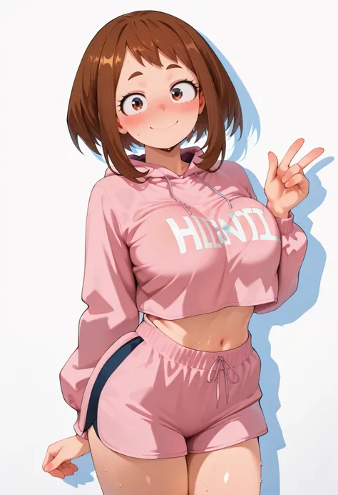 (masutepiece, Best Quality, hight resolution,, Perfect Pixel, depth of fields, 4K), Beautiful anime girl, Perfect body , uraraka ochako ,, ,,, cleavage, navel,, , , jewelry, , , sweat, , ,looking at viewer, , , ,, smile, , blush, with an extremely curvy an...