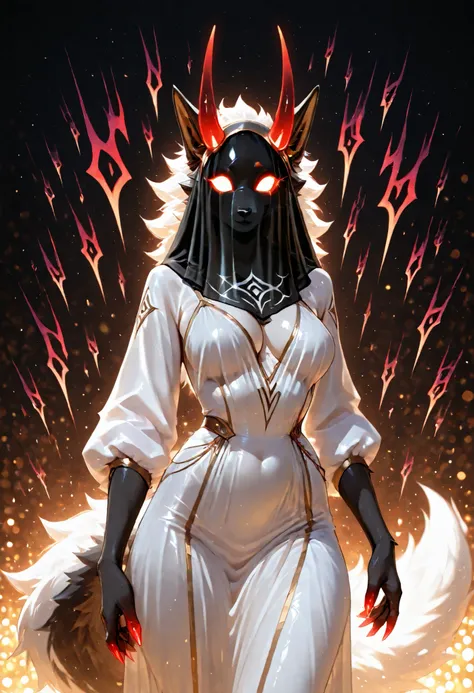 ((((anthro)))), ((female)), sfw, furry shadow wolf, Detailed fur texture,red glowing eyes without pupils, straight glowing horns,red glowing claws, pitch black body fur, (((white dress))), luminous white mane, luminous white-black tail,Shadows emanating ...