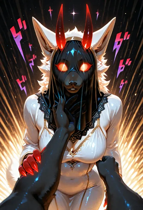 sharrax, ((((anthro)))), ((female)), sfw, straight glowing horns,red glowing claws, pitch black body fur, (((white dress))), luminous white mane, luminous white-black tail,abstract painting, jet black background , face hidden by a veil,bale down,face se...