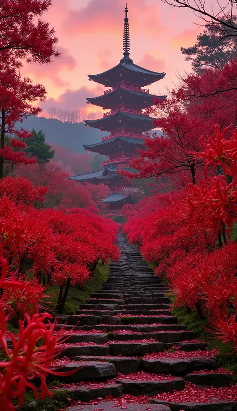 (古いwhen climbing the mossy stone steps, 、a vermilion Japanese five-story pagoda appears:1.5),(Japanese-style temples and stone lanterns:1.5),(when climbing the mossy stone steps, 、A majestic five-story pagoda appears:1.5), (A beautiful world dyed in the su...
