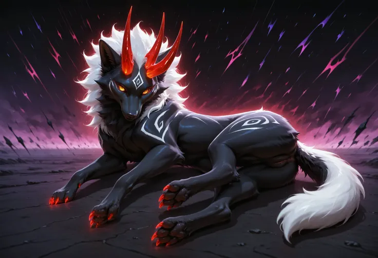sharrax, ((((feral)))), ((female)), straight glowing horns,red glowing claws, pitch black body fur, luminous white mane, luminous white-black tail,abstract painting, jet black background , 8K resolution, High detail, Realistic fur texture, Depth of field f...