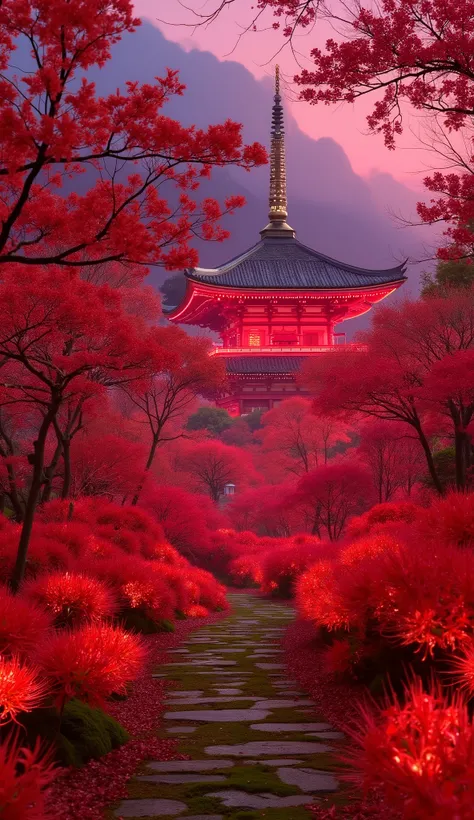 (古いwhen climbing the mossy stone steps, 、A vermilion Japanese five-story pagoda appears:1.5),(Japanese-style temples and stone lanterns:1.5),(when climbing the mossy stone steps, 、A majestic five-story pagoda appears:1.5), (A beautiful world dyed in the su...