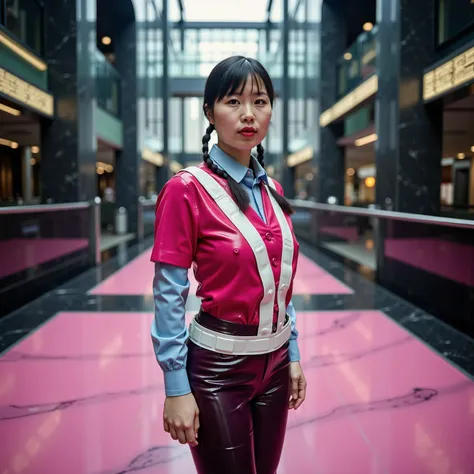 a wide angle image of a 34 year old asian woman with glowing white skin, a few small freckles and dark spots on facial skin, imperfect beauty, inside of a futuristic hotel skyscraper lobby, open atrium with multiple floors, black onyx and marble, glowing p...