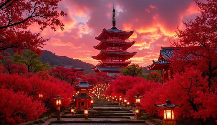 (古いwhen climbing the mossy stone steps, 、A vermilion Japanese five-story pagoda appears:1.5),(Japanese-style temples and stone lanterns:1.5),(when climbing the mossy stone steps, 、A majestic five-story pagoda appears:1.5), (A beautiful world dyed in the su...