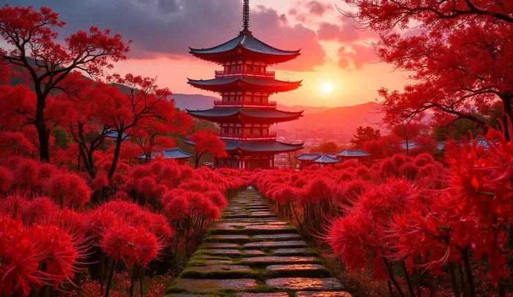 (古いwhen climbing the mossy stone steps, 、A vermilion Japanese five-story pagoda appears:1.5),(Japanese-style temples and stone lanterns:1.5),(when climbing the mossy stone steps, 、A majestic five-story pagoda appears:1.5), (A beautiful world dyed in the su...