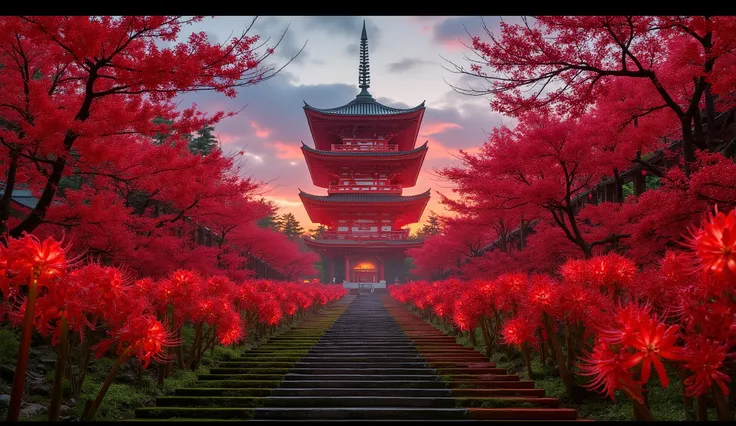 (古いwhen climbing the mossy stone steps, 、A vermilion Japanese five-story pagoda appears:1.5),(Japanese-style temples and stone lanterns:1.5),(when climbing the mossy stone steps, 、A majestic five-story pagoda appears:1.5), (A beautiful world dyed in the su...