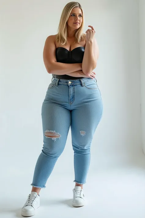 Hyper-realistic low-angle photograph capturing young blonde woman with extreme hourglass silhouette, standing confidently in white minimalist space, tight light-blue high-waisted jeans emphasizing extraordinarily wide hips and rounded pelvis, contrapposto ...