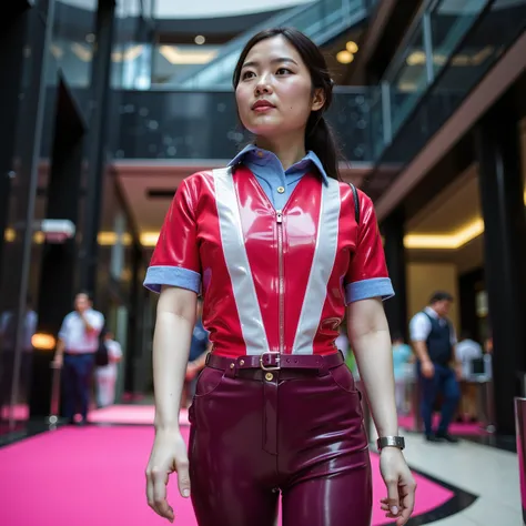 a wide angle image of a 34 year old asian woman with glowing white skin, a few small freckles and dark spots on facial skin, imperfect beauty, inside of a futuristic hotel skyscraper lobby, open atrium with multiple floors, black onyx and marble, glowing p...