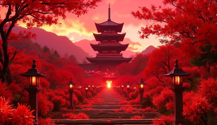 (古いwhen climbing the mossy stone steps, 、A vermilion Japanese five-story pagoda appears:1.5),(Japanese-style temples and stone lanterns:1.5),(when climbing the mossy stone steps, 、A majestic five-story pagoda appears:1.5), (A beautiful world dyed in the su...