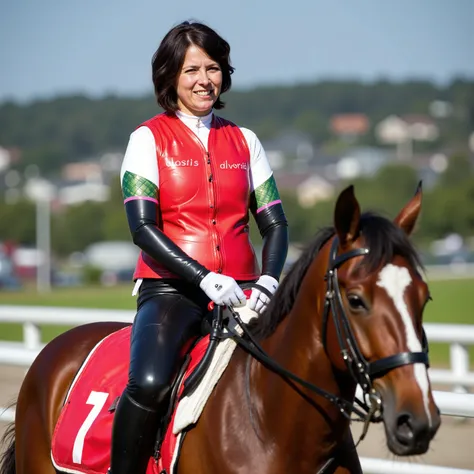 a 34 year old woman with short shoulder length black brown hair that shines in the sunlight is on a horses saddle, the horse has a red blanket across its back with the number 1 written in white text, the woman wears a bright red shiny leather horse riding ...