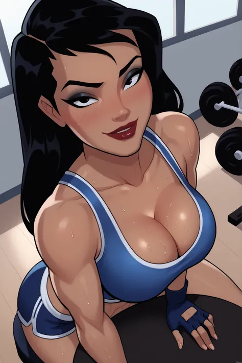 BREAK, score_6_up, score_7_up, score_8_up, score_9, 1girl, solo, Drlight, long hair, black hair, black eyes, lipstick, makeup, dark-skinned female,  large breasts, busty, cleavage, curvy, athletic, midriff, looking at viewer, seducing viewer, teasing viewe...