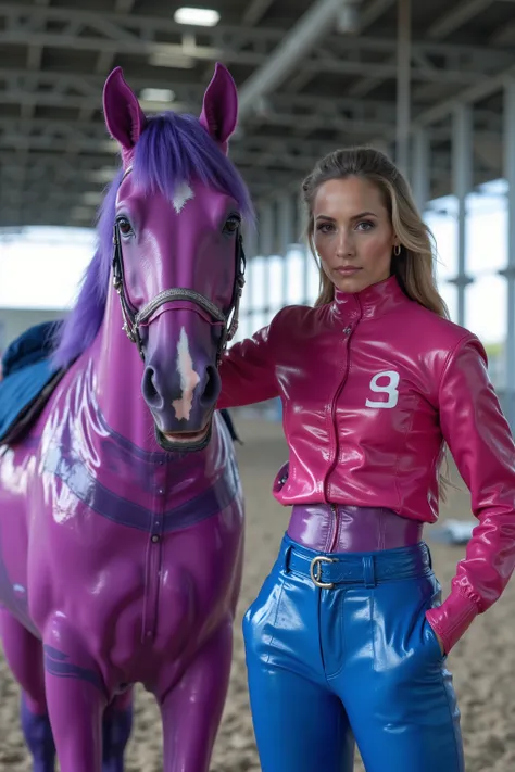 A wide angle cinematic image, a purple and pink horse stands next to a woman wearing a shiny pink latex shirt with the number 8 on the chest, the woman wears blue latex pants, the horse and woman are in a futuristic high rise barn