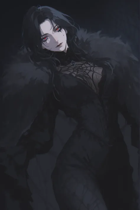 best quality, masterpiece, 1girl, black_hair, dynamic angle, long_hair, straight_hair, dynamic pose, neutral expression, evil, mature face, dark fantasy, {black, evil, tall lady, splash art},black roses, high_collar, pattern undershirt, black undershirt,...