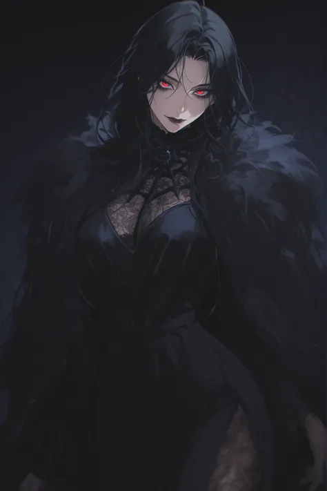 best quality, masterpiece, 1girl, black_hair, dynamic angle, long_hair, straight_hair, dynamic pose, neutral expression, evil, mature face, dark fantasy, {black, evil, tall lady, splash art},black roses, high_collar, pattern undershirt, black undershirt,...