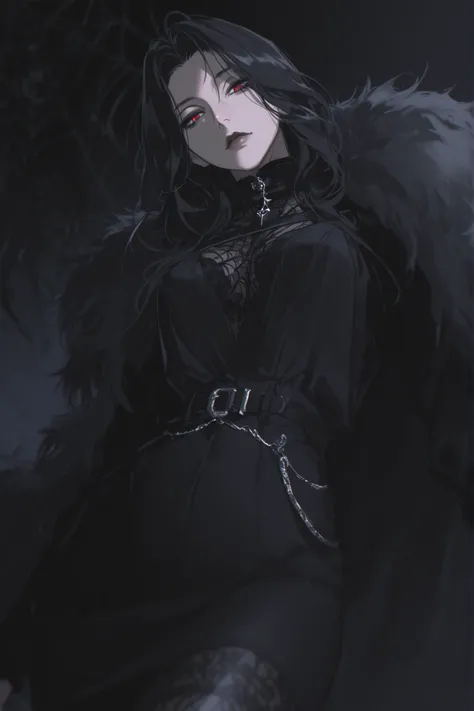 best quality, masterpiece, 1girl, black_hair, dynamic angle, long_hair, straight_hair, dynamic pose, low perspective, looking down on viewer, neutral expression, evil, mature face, dark fantasy, {black, evil, tall lady, splash art},black roses, high_colla...