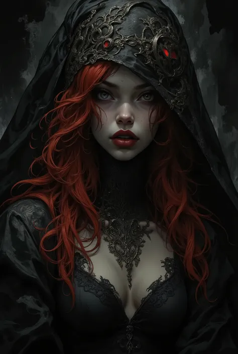 A mysterious and fateful woman whose face is shrouded in a haze of black veil. Pale skin and the tantalizing outline of red lips shimmer from under the veil. Lush waves of flame-red hair fall to her shoulders, creating a vivid contrast with the surrounding...