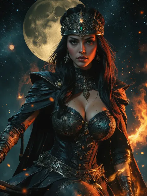 Award winning expressionist dark fantasy art of a beautiful powerful female goddess of the moon, epic pose, onyx colored hair, ultra detailed, lots of details, HDR, luxury holographic dark silver corset dress, cloak, complex patterns, ancient calligraphy, ...
