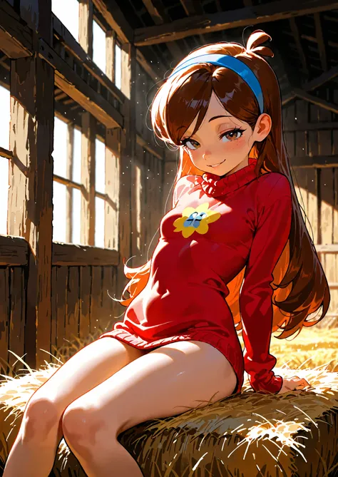 source_cartoon, 1girl, solo, Mabel Pines, Gravity Falls, red sweater, naturally sagging small breasts, sitting on hay, barn, medieval fantasy farm, seductive, sexy pose, alluring atmosphere, cinematic lighting and shadows, beautiful lighting and shadows, B...