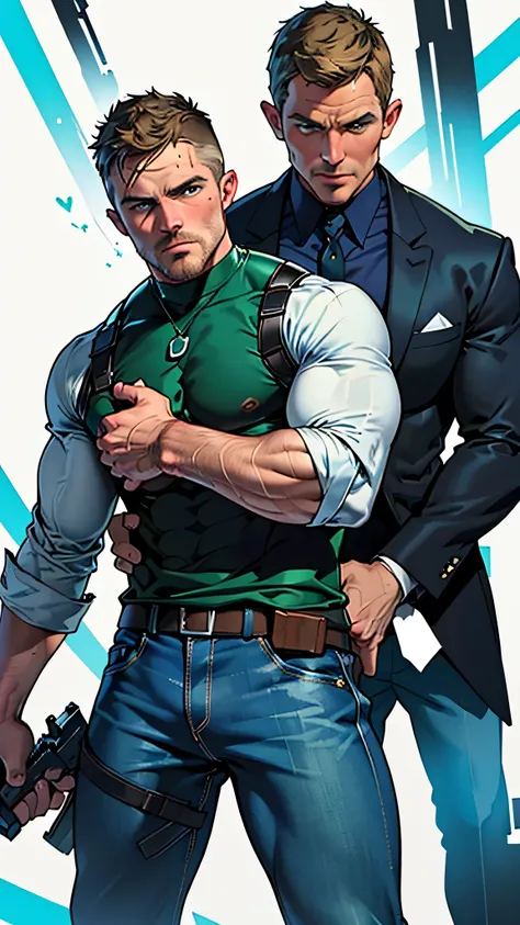 vpl,vpl,1 man, male focus solo,45 yo man, (((Stephen AMELL as private investigator))), lean muscle, open blue shirt, marine blue jeans with brown belt ,( bulge), full body shot, dark blond short hair, BLUE GREEN EYES , well groomed facial hair, (((( , hol...