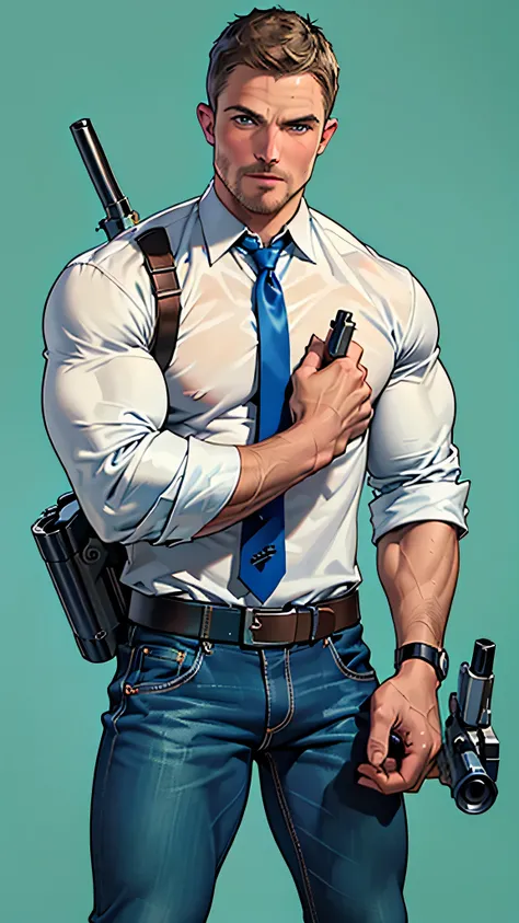 vpl,vpl,1 man, male focus solo,45 yo man, (((Stephen AMELL as private investigator))), lean muscle, open blue shirt, marine blue jeans with brown belt ,( bulge), full body shot, dark blond short hair, BLUE GREEN EYES , well groomed facial hair, (((( , hol...