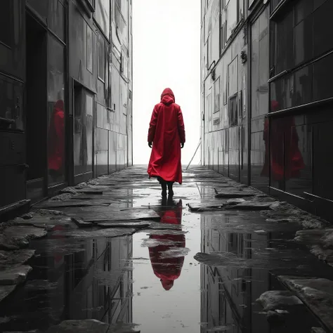 A mysterious solitary figure wearing a long red coat, Silhouette style, walking forward. cyberpunk aesthetic, futuristic dystopian world, broken mirror floor, surreal background. High contrast color scheme with a predominance of black and white, enhanced ...