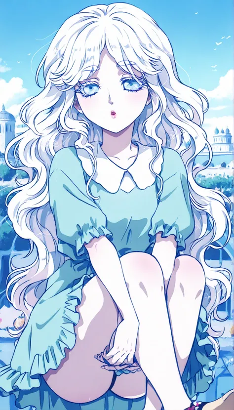 A tall, albino girl, with pale skin and white hair. She has pastel blue eyes, extremely light eyes, and her white hair is quite long, Reaching up to the ankles, and is quite wavy and with a large wavy fringe, Over the eyebrows, her pale skin has some large...