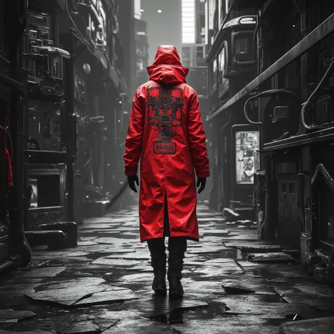 A mysterious solitary figure wearing a long red coat, Silhouette style, walking forward. cyberpunk aesthetic, futuristic dystopian world, broken mirror floor, surreal background. High contrast color scheme with a predominance of black and white, enhanced ...
