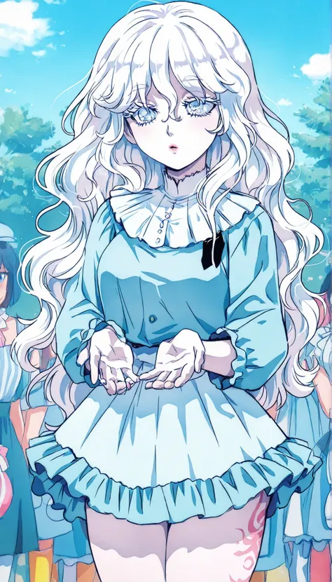 A tall, albino girl, with pale skin and white hair. She has pastel blue eyes, extremely light eyes, and her white hair is quite long, Reaching up to the ankles, and is quite wavy and with a large wavy fringe, Over the eyebrows, her pale skin has some large...