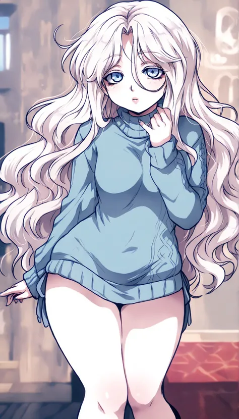 A tall, albino girl, with pale skin and white hair. She has pastel blue eyes, extremely light eyes, and her white hair is quite long, Reaching up to the ankles, and is quite wavy and with a large wavy fringe, Over the eyebrows, her pale skin has some large...