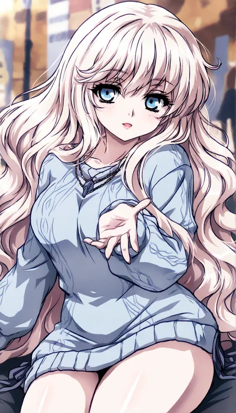 A tall, albino girl, with pale skin and white hair. She has pastel blue eyes, extremely light eyes, and her white hair is quite long, Reaching up to the ankles, and is quite wavy and with a large wavy fringe, Over the eyebrows, her pale skin has some large...