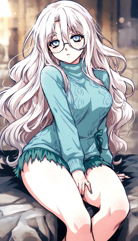 A tall, albino girl, with pale skin and white hair. She has pastel blue eyes, extremely light eyes, and her white hair is quite long, Reaching up to the ankles, and is quite wavy and with a large wavy fringe, Over the eyebrows, her pale skin has some large...