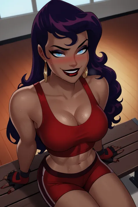 BREAK, score_9, score_8_up, score_7_up, score_6_up, masterpiece, high quality, NorCirce, 1girl, solo, purple hair, long hair, blue eyes, earrings, jewelry, large breasts, cleavage, curvy, athletic, dark-skinned female, lipstick, makeup, looking at viewer, ...