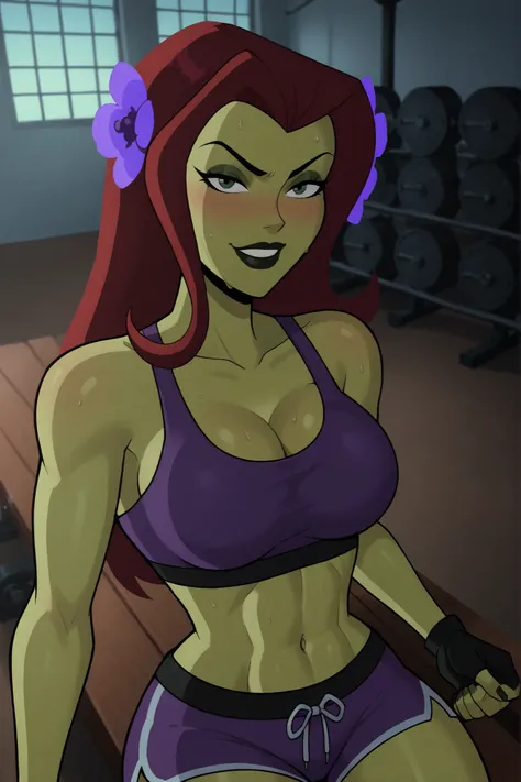 2d, score_9, score_8_up, score_7_up, score_6_up, flower, BREAK, 1girl, solo, standing, red hair, PIVYbatb, green skin, cleavage, curvy, athletic, makeup, smile, closed mouth, large breasts, long hair, black lips, hair ornament, seductive expression, bedroo...