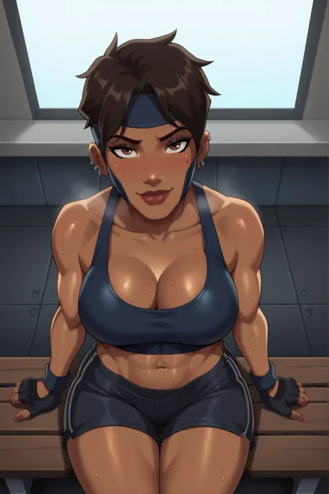BREAK, score_6_up, score_9, score_8_up, score_7_up, high quality, masterpiece, Rocket, 1girl, solo, 2d, dark-skinned female, short hair, brown eyes, headband, piercing, earring, mask, lipstick, makeup, large breasts, cleavage, curvy, athletic, looking at v...