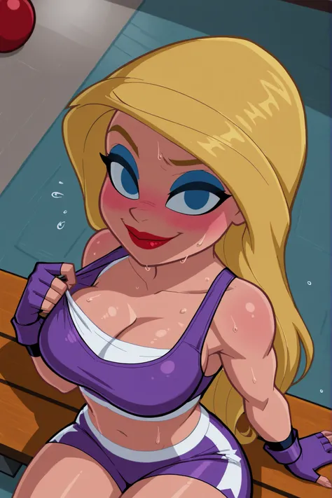 BREAK, score_6_up, score_7_up, score_8_up, score_9, Stargirl, 1girl, solo, long hair, blue eyes, blonde hair, lipstick, superhero, red lips, large breasts, cleavage, curvy, athletic, looking at viewer, seducing viewer, teasing viewer, smiling, closed mouth...