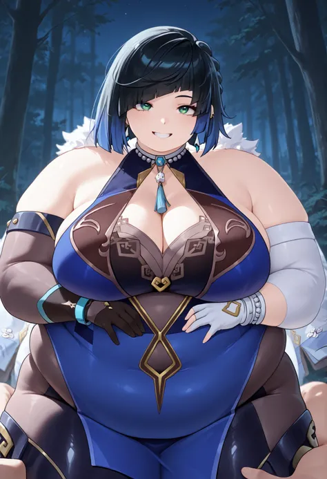 hyper fat,hyper obese,obese,fat,plump,WeightChubby,giantic tights, highres, absurdres,cowboy shot,1girl,solo,yelan, black hair, blue hair, eyebrows hidden by hair, green eyes, multicolored hair, short hair,bare shoulders, black gloves, chinese clothes, cle...