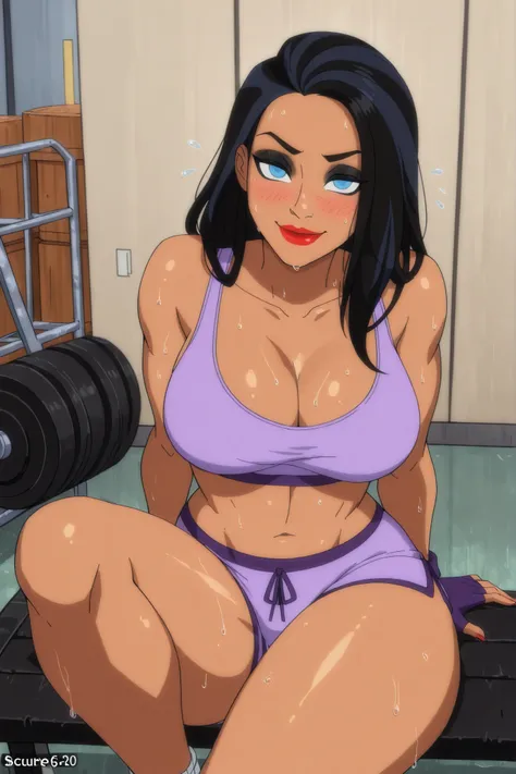 BREAK, score_6_up, score_7_up, score_8_up, score_9, 1girl, solo, long hair, blue eyes, black hair, two-tone hair, lipstick, makeup, dark-skinned female, t4l1a4lg00l, large breasts, busty, cleavage, curvy, athletic, looking at viewer, seducing viewer, teasi...